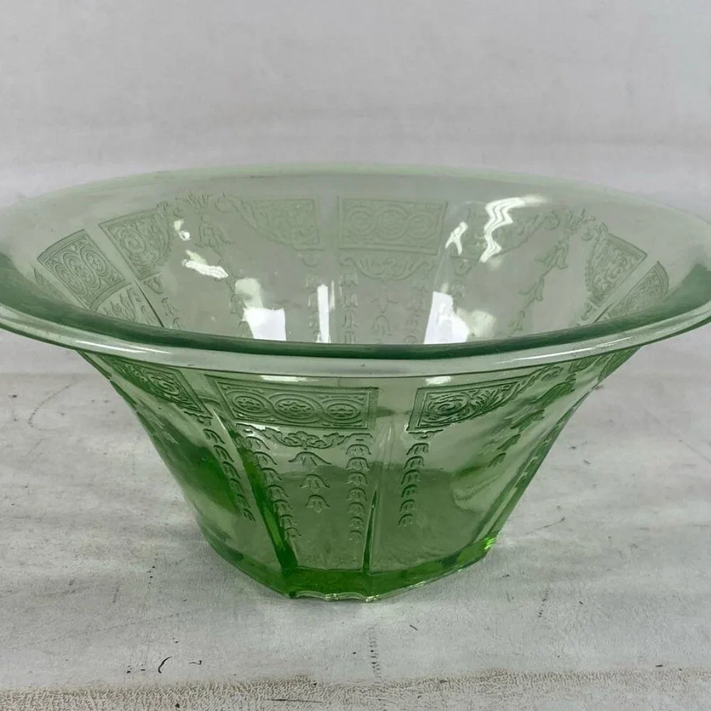 Vintage Anchor Hocking Princess Green Uranium Depression Glass Serving Bowl